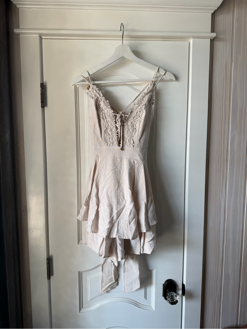 Lace-Trim Spaghetti Strap Romper in Beige